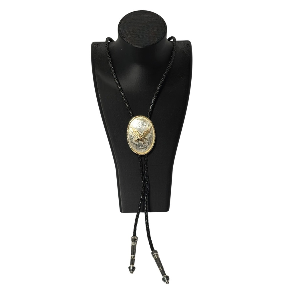 Montana Silversmiths Mens Two Tone Eagle Engraved Bolo Tie Black Braided Cord*